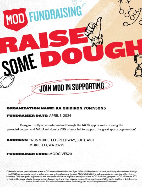 ITS MOD DAY! Please stop by the <a href="/MODPizza/">MOD Pizza</a> on the mukilteo speedway and purchase a meal.  If you say “KA GRIDIRON” before the purchase, 20% of the purchase will go to our wonderful booster club! Please Support we would truly appreciate it! #GoKnights