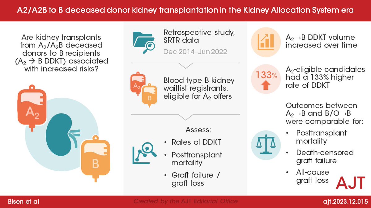 Original Article by Bisen et al, 'A2/A2B to B deceased donor kidney transplantation in the Kidney Allocation System era' doi.org/10.1016/j.ajt.…