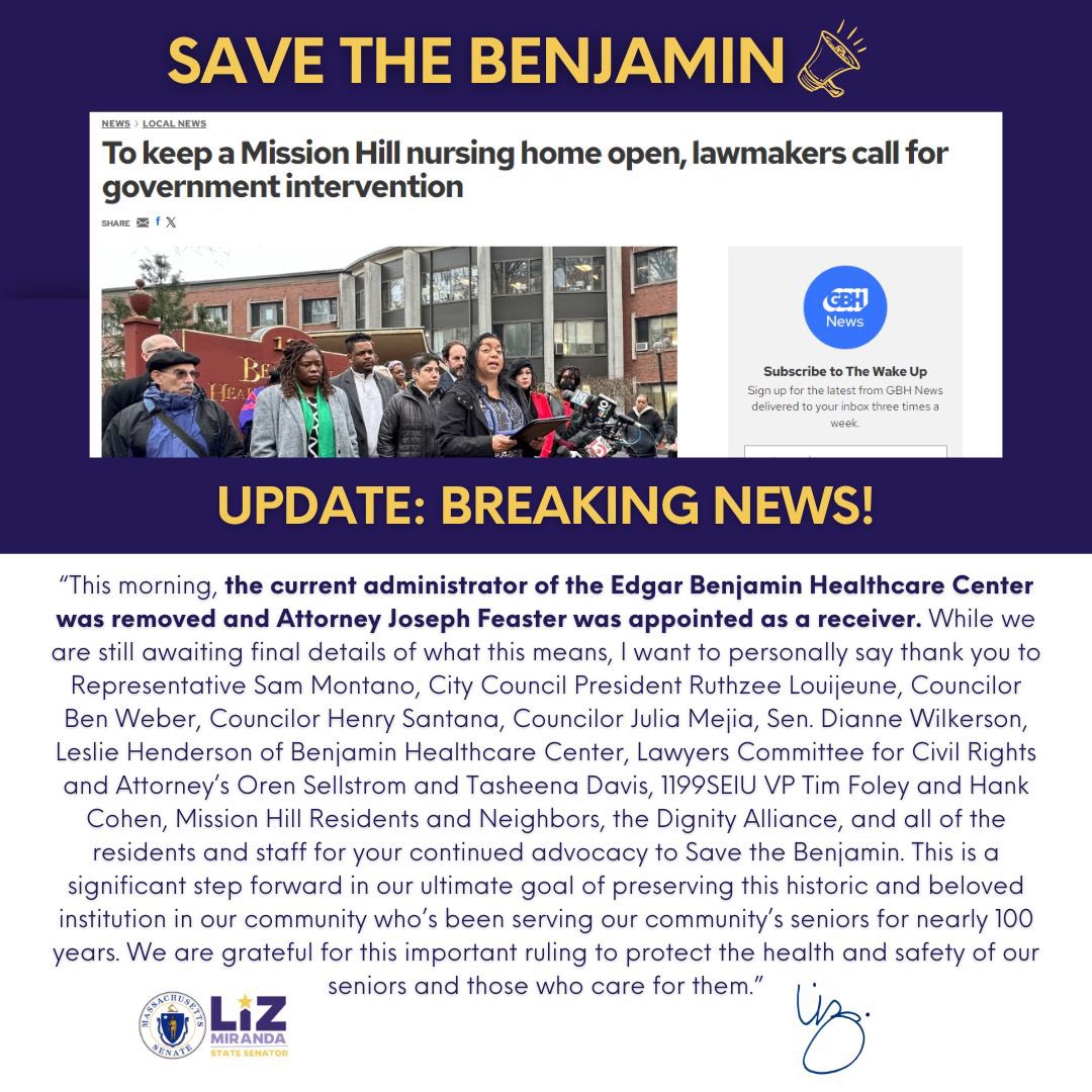 Breaking! 🚨 Today, a judge ruled in favor of the petition from family members & residents of the Benjamin. This is a huge milestone for the preservation of health & safety of our seniors & staff. TY to all who made this possible, & particularly @LCRBOSTON! #Roxbury #MissionHill