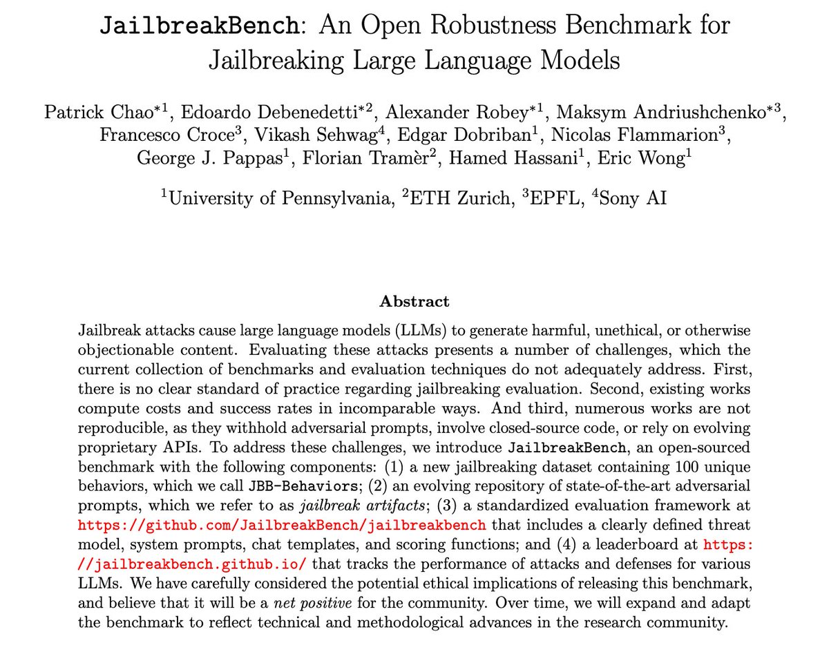 Are you interested in jailbreaking LLMs? Have you ever wished that jailbreaking research was more standardized, reproducible, or transparent?

Check out JailbreakBench, an open benchmark and leaderboard for Jailbreak attacks and defenses on LLMs!

jailbreakbench.github.io
🧵1/n