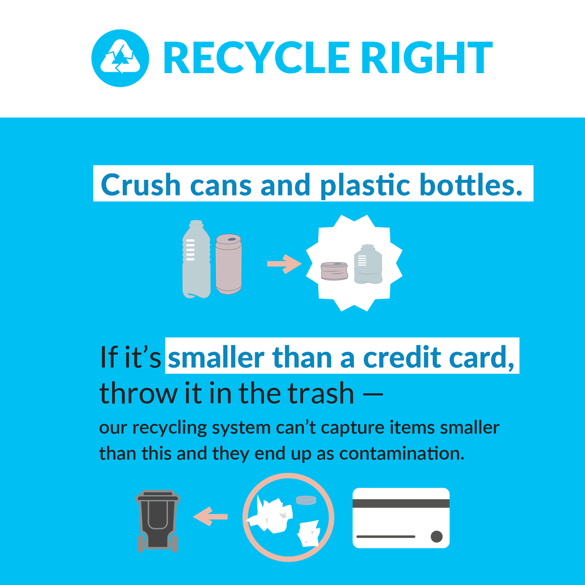 We have two recycling tips for you this Tuesday! ♻️ Crush cans and plastic bottles to help save space in your bin. ♻️ Don’t be a wishcycler! If an item is smaller than a credit card, put it in the trash instead.