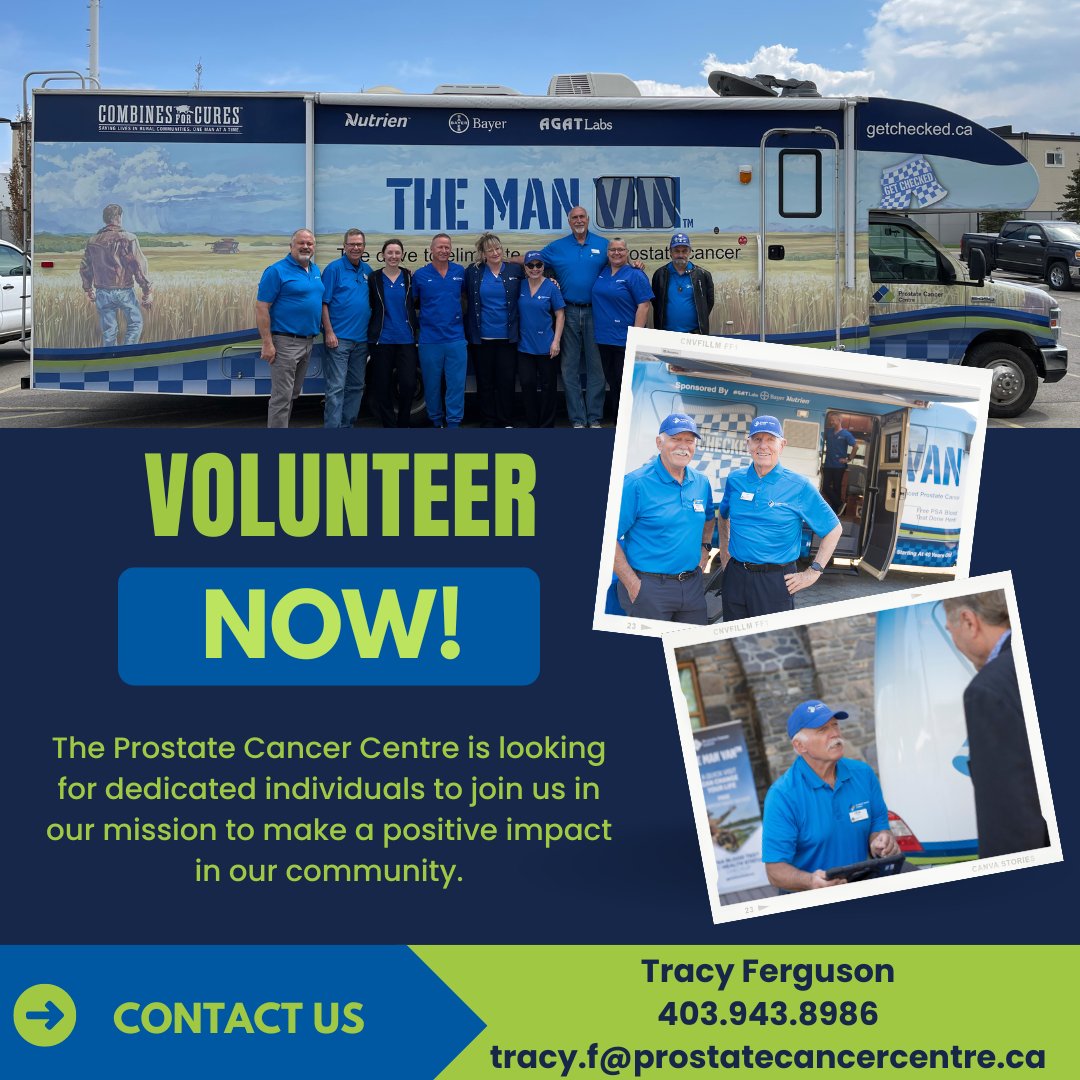 Volunteer Opportunities! Passionate about men's health? Join us at Prostate Cancer Centre! Whether it's MAN VAN® clinics, outreach, or programs, your help matters! Contact Tracy Ferguson: 403.943.8986 tracy.f@prostatecancercentre.ca Let's make a difference together! #Volunteer