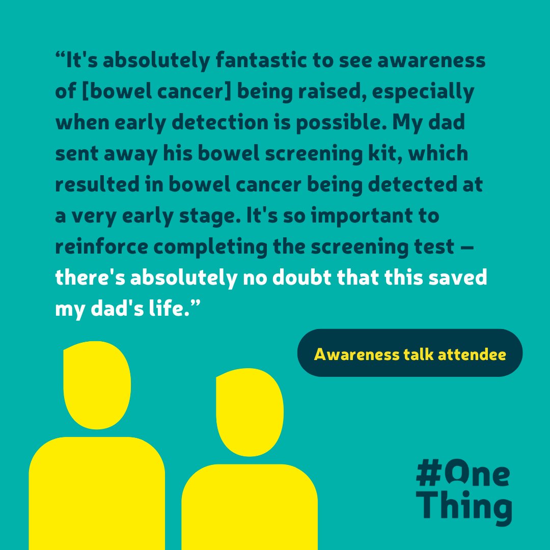 #OneThing we want to remind you about is tomorrow our first online awareness talk is taking place! Delivered by one of our volunteers who has a connection to #BowelCancer, this is your opportunity to learn more about symptoms and screening. Book here: bit.ly/31If9MM