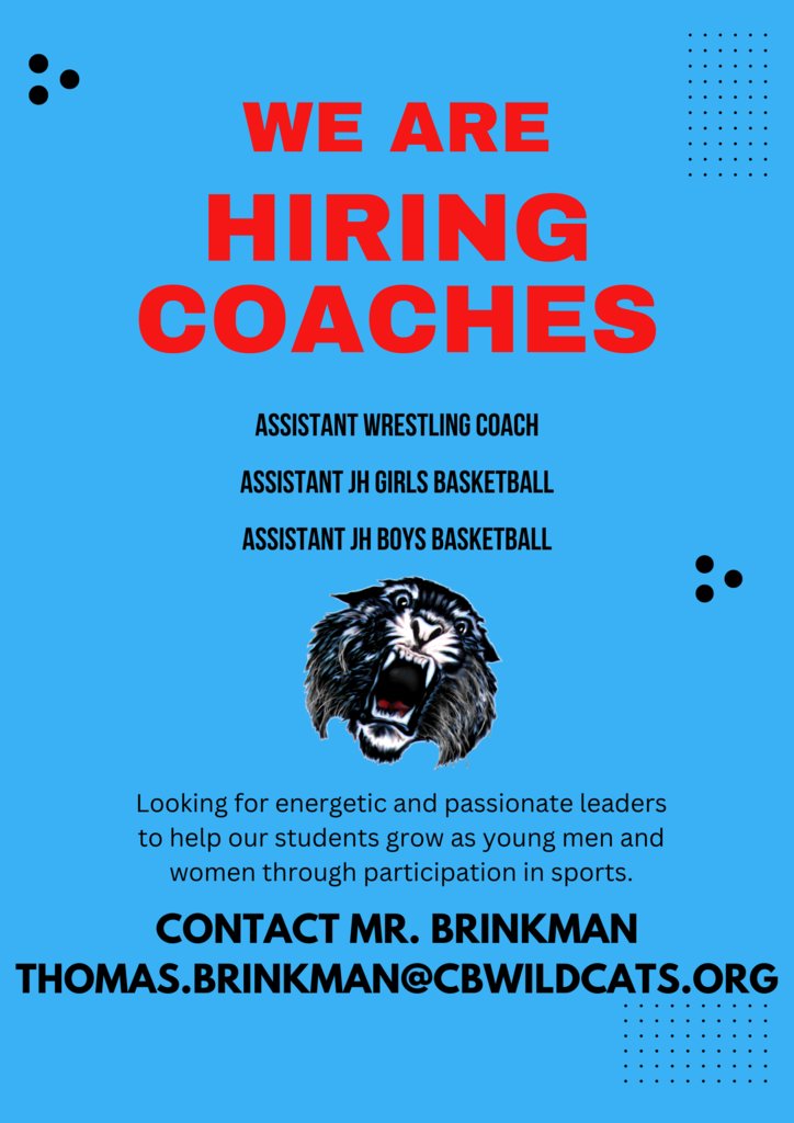 Cedar Bluffs is looking for coaches! If you are interested please contact Mr. Brinkman via email!