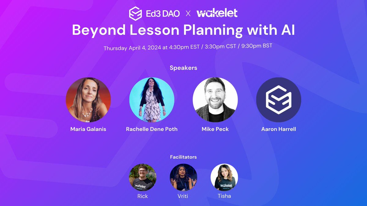 🌟 Join us for a joint Twitter Space with Wakelet as we delve into 'Beyond Lesson Planning with AI.' 🤖 Don't miss this opportunity to explore the future of education and innovation. Save the date and join the conversation! #Ed3DAO #AIinEducation 🔗 bit.ly/49p9ZFV