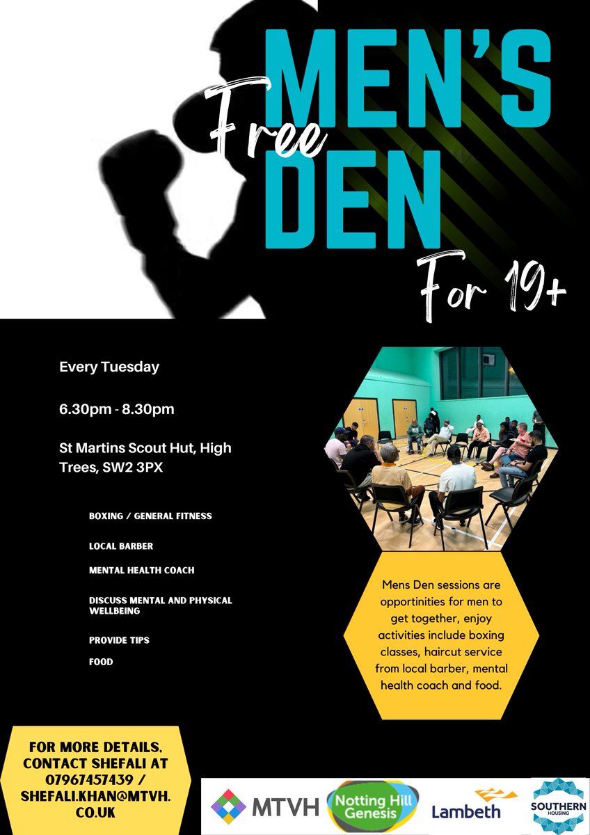 Men's Den, for 19+ year-olds An opportunity for men to get together, enjoy activities, haircuts, mental health coach and food. 👉Every Tuesday 6.30 to 8.30 👉At St Martin's Scout Hut, High Trees, SW23PX