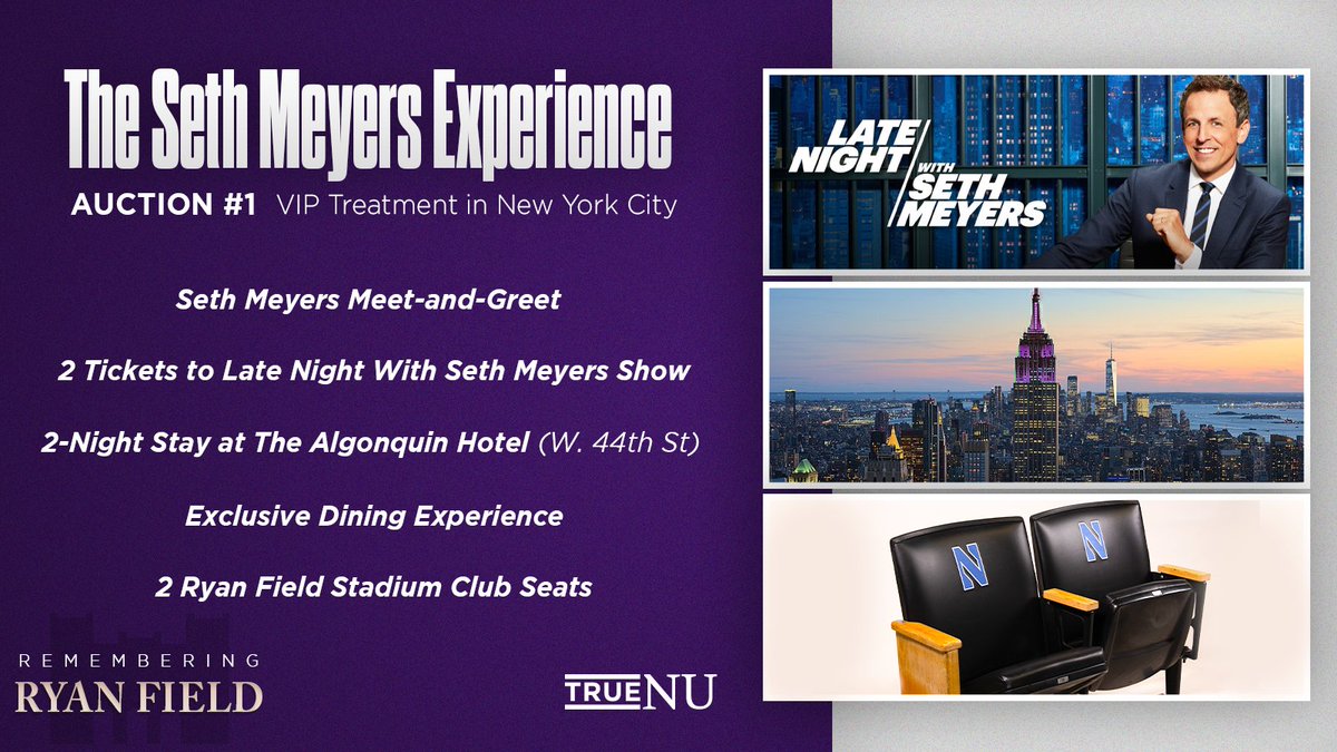 Spread the word! Two of my favorite things - @sethmeyers & @NUFBFamily joining forces. @GoU_TrueNU Live Auction: 📆April 8, 10 am et/9 am ct ✅Live auction 4/8-4/15 ✅Proceeds benefit NU Athletes (via TrueNU) ❗️Sign-up for at TrueNU.org to get info on registration