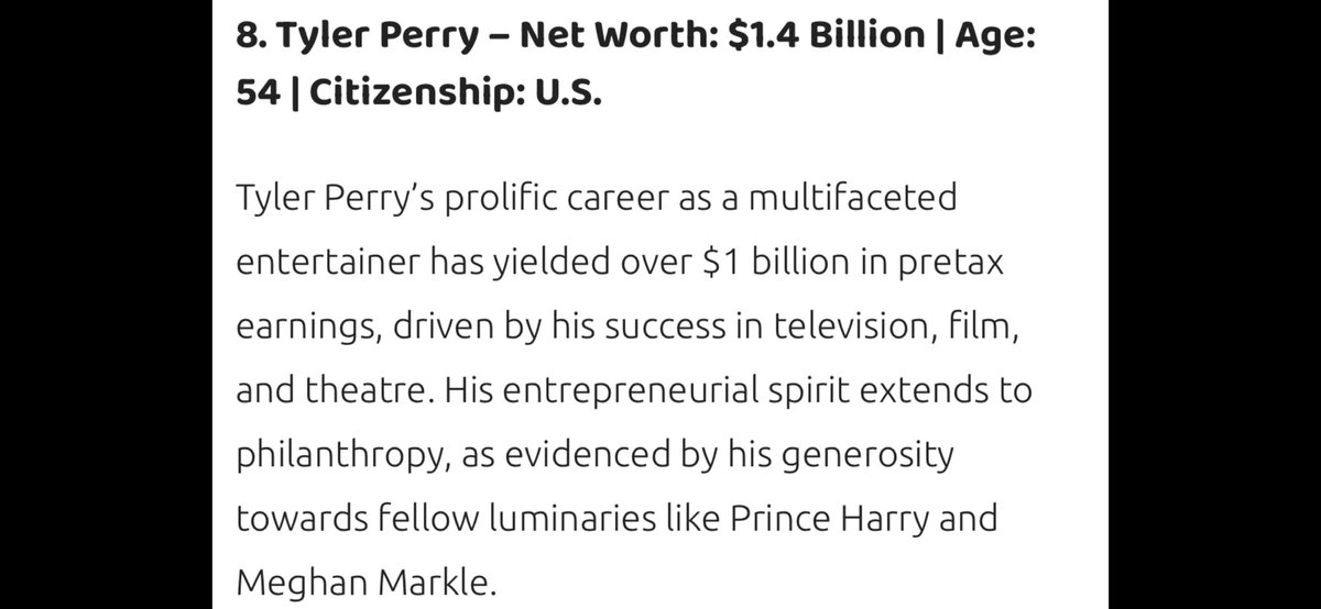 Tyler Perry, Godfather to #PrincessLilibet and the man who provided a safe home and security for Prince Harry and Meghan, sits at #8 on Forbes 2024 World’s Celebrity Billionaires list 💥💕