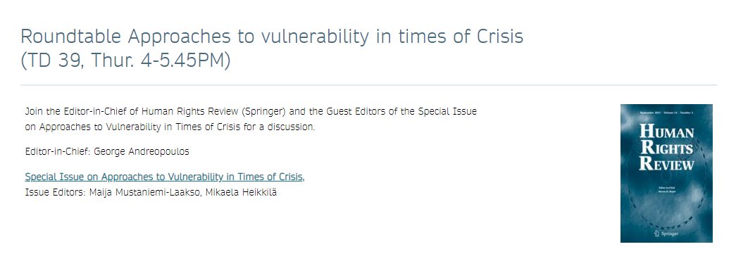 #ISA2024 Join the Editor-in-Chief of Human Rights Review and the Guest Editors of the Special Issue on Approaches to Vulnerability in Times of Crisis for a discussion: TD 39, Thur. 4-5.45PM Roundtable Approaches to vulnerability in times of Crisis springernature.com/events/isa/