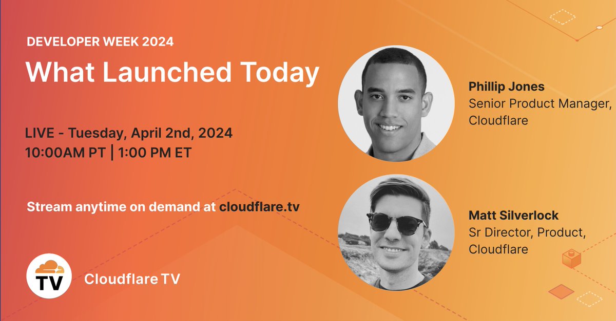 Cloudflare’s Developer Week 2024 continues with an all-new What Launched Today highlighting the latest product announcements and news from our developer team. Don’t miss this→ cloudflare.tv/shows/develope… #CloudflareTV #DeveloperWeek #Developers #Tech @CloudflareDev @elithrar