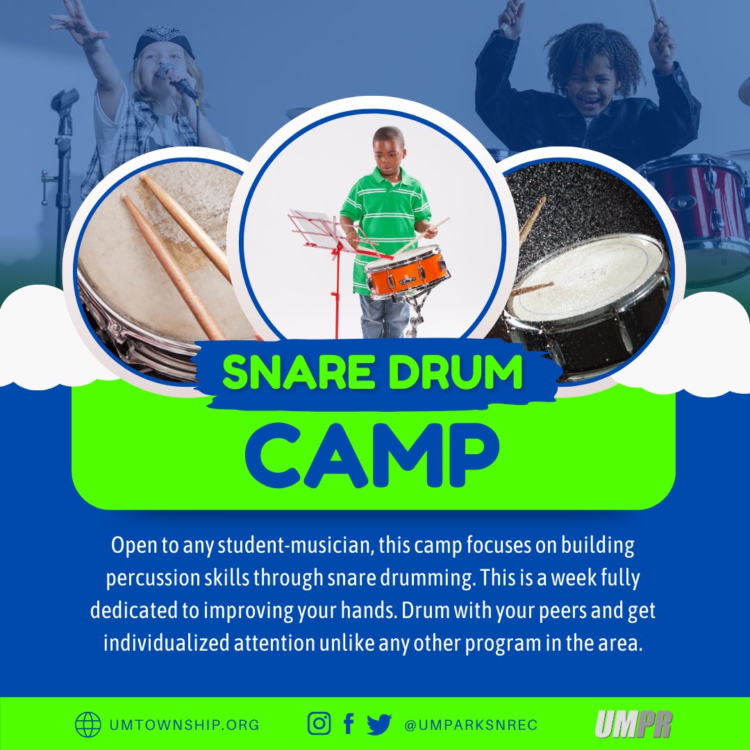 UMParksnRec's tweet image. Unlock your percussion potential at Chops Academy's Snare Drum Camp!

Perfect for incoming 7th-12th graders, this week-long program, led by Mr. Zamites at UM Middle School, focuses on honing your snare drum skills. To register visit register.capturepoint.com/reg/cat_progra…

#uppermerion #drumcamp