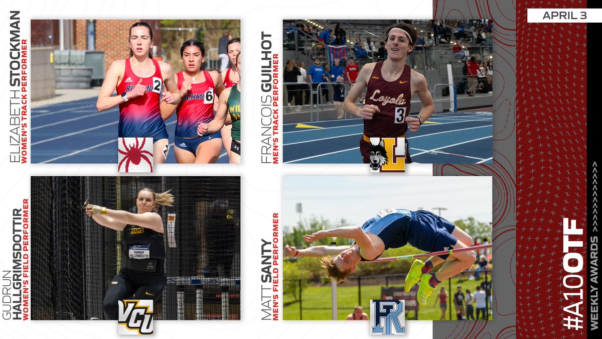 Numerous top-100 national marks this weekend! Your #A10OTF Weekly Awards... WOMEN'S TRACK -- Elizabeth Stockman | @RichmondXCTF MEN'S TRACK -- Francois Guilhot | @RamblersTFXC WOMEN'S FIELD -- Gudrun Hallgrimsdottir | @VCUTracknXC MEN'S FIELD -- Matt Santy | @RhodyMTrack