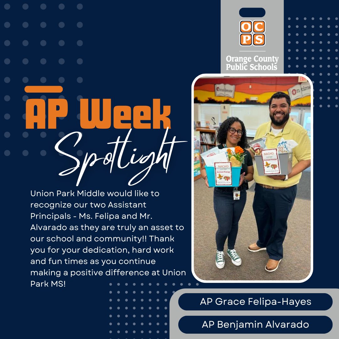 OCPS Professional Learning Department (@ocpspl) on Twitter photo Let's give a huge #APWeek24 shoutout to the amazing assistant principals at Union Park Middle - AP Felipa & AP Alvarado! Thank you for your dedication and hard work & for bringing the fun every day! We're lucky to have you both making a positive impact at <a href="/UnionParkMS/">Union Park Middle</a> ! 🥳 Let's give a huge #APWeek24 shoutout to the amazing assistant principals at Union Park Middle - AP Felipa & AP Alvarado! Thank you for your dedication and hard work & for bringing the fun every day! We're lucky to have you both making a positive impact at <a href="/UnionParkMS/">Union Park Middle</a> ! 🥳