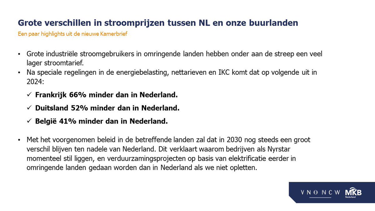 We zien enorme verschillen tussen 🇳🇱 en onze buurlanden tav de stroomprijzen voor de #industrie. Dankzij hagelnieuw onderzoek nu goed in beeld gebracht. Paar highlights hieronder ⬇️ Zie de alle stukken hier: rijksoverheid.nl/ministeries/mi…