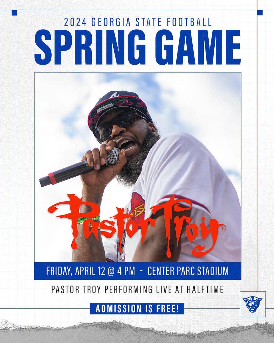 PASTOR TROY HALFTIME SHOW! 🔊 @PastorTroyDSGB performing live at the GSU Spring Game! April 12 | 4 PM | Center Parc Stadium Admission is free! 🎟️ Free spring game ticket: bit.ly/49INtc1 🎟️ 2024 Season Tickets: bit.ly/3Tro54C #LightItBlue | #NewAtlanta