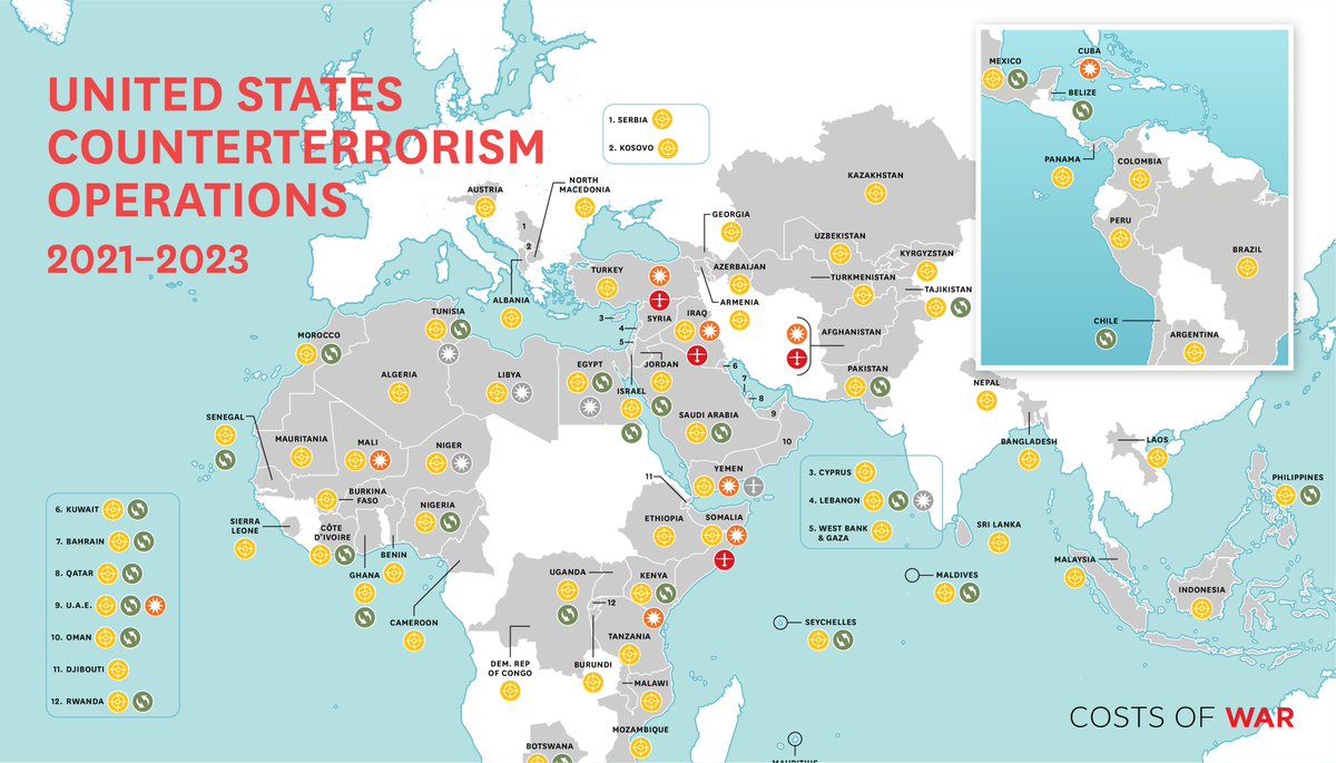 Between 2021 and 2023, the U.S. government conducted counterterrorism operations in 78 countries. They include ground combat in at least nine countries and air strikes in at least four countries during the first three years of the Biden Administration.  watson.brown.edu/costsofwar/pap…
