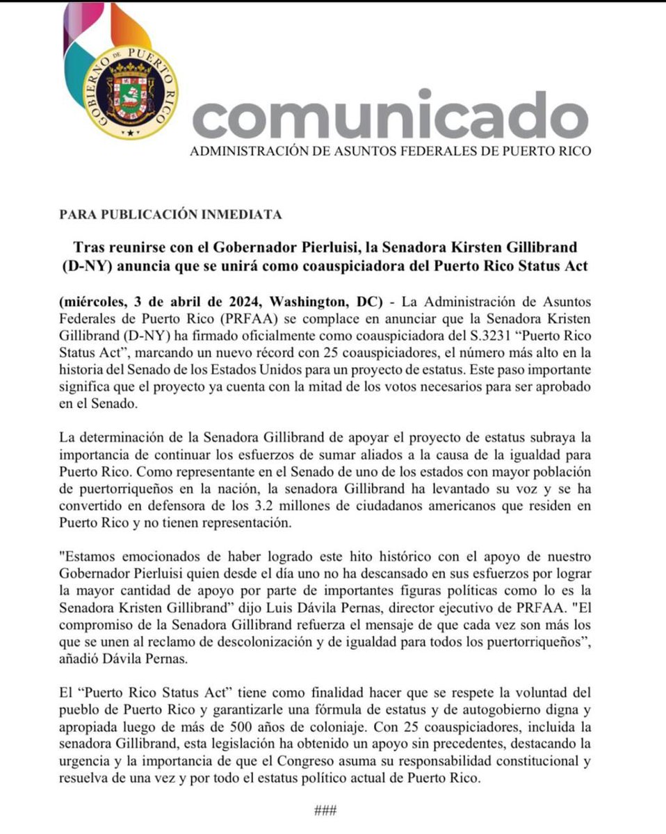 Thank you Senator Kirsten Gillibrand of NY for your co-sponsorship of the SR3231 PuertoRico🇵🇷 Status Act. On behalf of the 3.2 million American Citizens of PR🇵🇷 without electoral franchise, we thank you for your support. @SenGillibrand