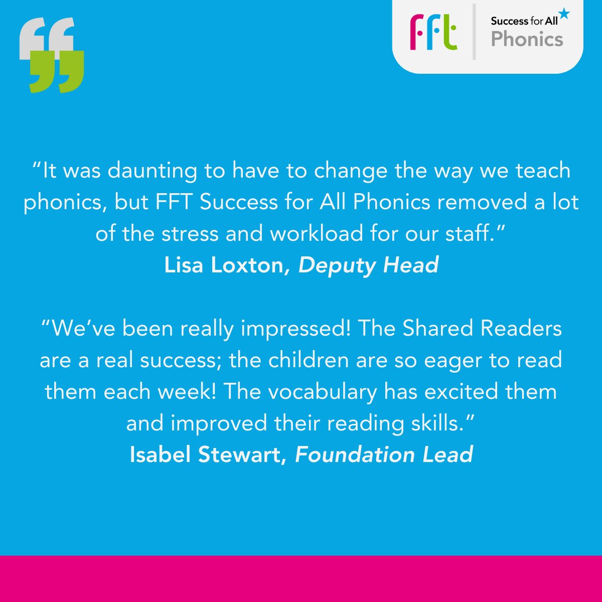 We’re so pleased to see more brilliant results from our Success for All Phonics programme. Check out these great testimonials from some of our happy schools and learn more about the programme here: fftedu.org/4aDmAWR #Phonics #TeachingResource #Teaching