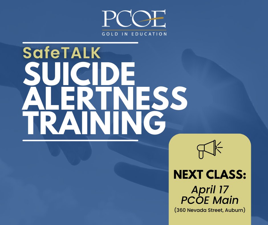 Join us for our next SafeTALK training on April 17, 8:30 a.m. - 12:30 p.m. in Auburn! SafeTALK is a four-hour suicide alertness training for participants to learn the simple yet effective TALK steps: Tell, Ask, Listen and Keep Safe. Cost: $10. Register: bit.ly/43r2b4U