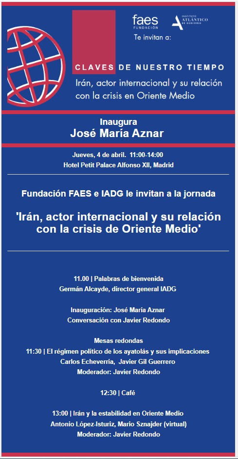Mañana @AtlanticoIE y @FundacionFaes organizan en #Madrid una jornada sobre Irán y su papel en #OrienteMedio, en la que partiparé junto a Mario Sznajder y @javierredondo14. 📝 Inscripciones: share.hsforms.com/1w7v52xyZQ2GlK…