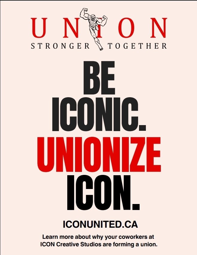 📣ICON workers want a UNION!📣 Hundreds of ICON workers have already signed support cards w/ CAG, IATSE Local 938! Workers are fighting for protections against AI, layoff notices, and support for intl. workers! Sign your union card TODAY at iconunited.ca!