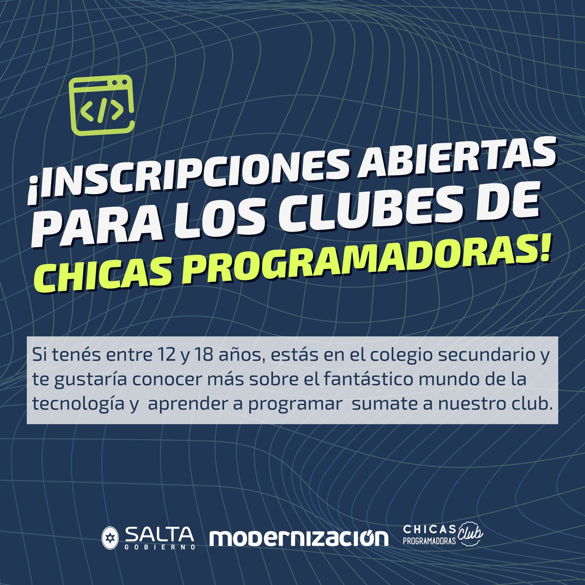 Modernizacionok's tweet photo. 📍👩🏽💻 ¡Unite a la revolución de las #ChicasProgramadoras! Las inscripciones están oficialmente abiertas para nuestros inspiradores #ClubesDeChicasProgramadoras. ¿Te apasiona la tecnología? ¿Querés aprender a programar y crear tu propio mundo digital? ¡Este es tu lugar! https://t.co/46j5YoZUAT