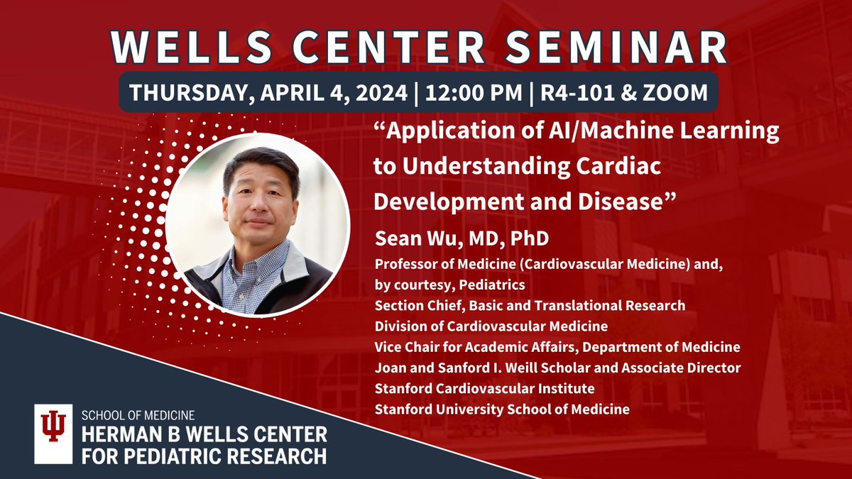 We're looking forward to hearing from Dr. Wu tomorrow for an engaging presentation about applying AI to understand cardiac development and disease! Learn more by joining our #WellsCenterSeminar at noon: events.iu.edu/medicine/event…