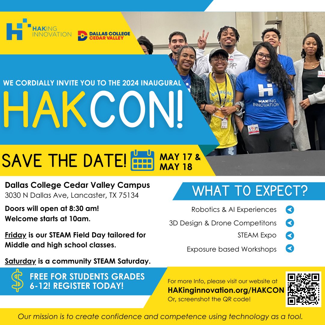 Friday is centered around being a STEM Field Day. We’re planning an immersive experience for students featuring hands-on workshops and interactive learning. Students will be bused from their campuses and home in time for dismissal. #HAKcon