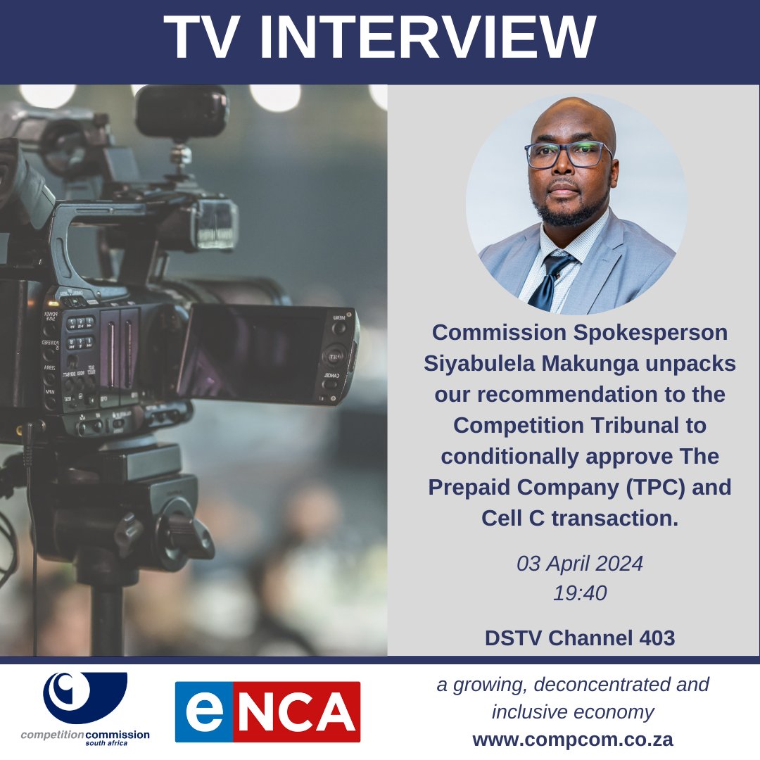 The Commission has recommended @comptrib approves the proposed transaction whereby The Prepaid Company intends to acquire #CellC, with conditions. Watch @eNCA at 19:40 as our Spokesperson @Ciamakunga discusses this decision, and explains the conditions the Commission recommended.