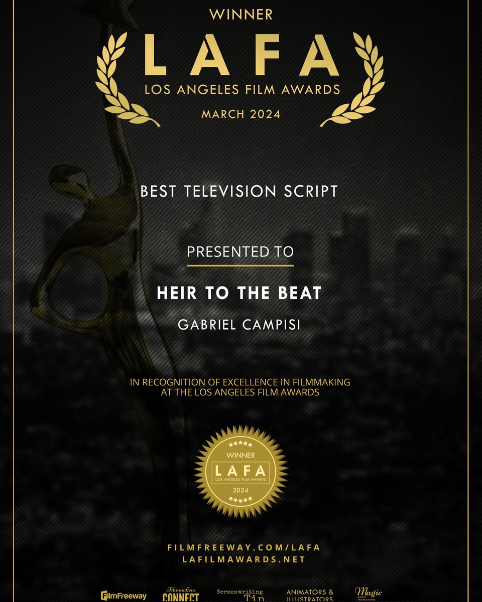 I'm totally humbled as I just found out I won the Los Angeles Film Awards (LAFA 3-24) Best Television Script honors for my series pilot, Heir to the Beat! Thank you so much to the LA Film Awards!! #IndieFilm #filmmaking #filmfreeway #screenwriting