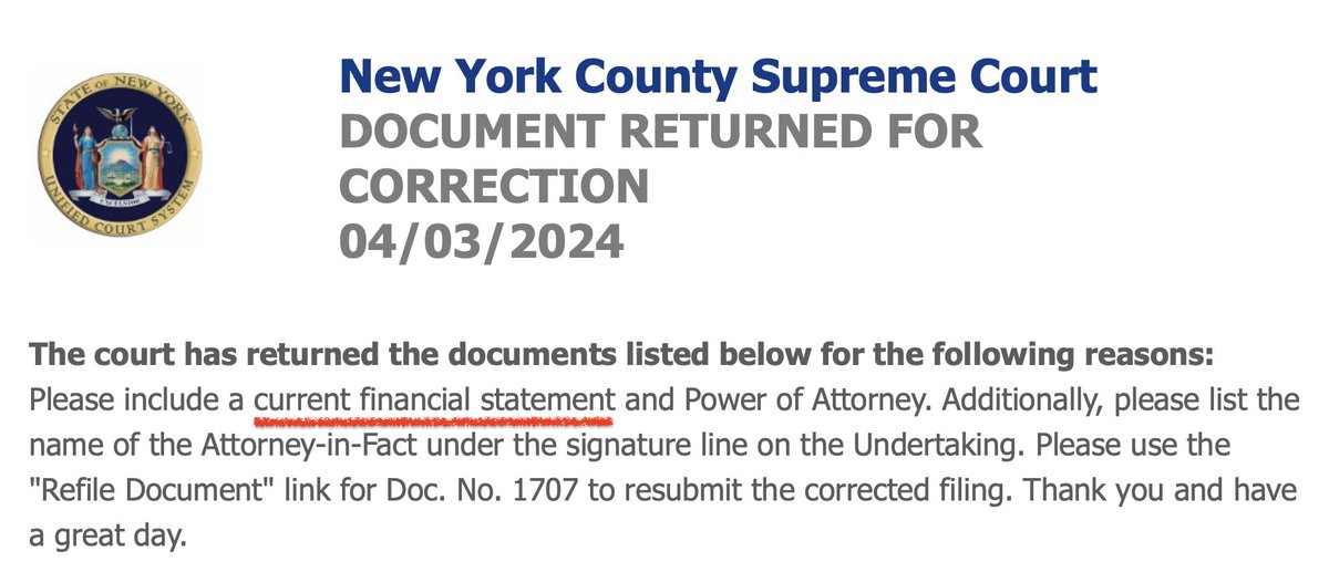 NYadvocateJKL's tweet image. BREAKING NEWS:
Court rejected #TrumpBond filing in #TrumpFraudVerdict for several reasons, 1 of which was #Trump failed to upload his &quot;current financial statement&quot; to the Court [looking forward to read].
175 million reasons why 1 mistake should not have been made, much less 3 !