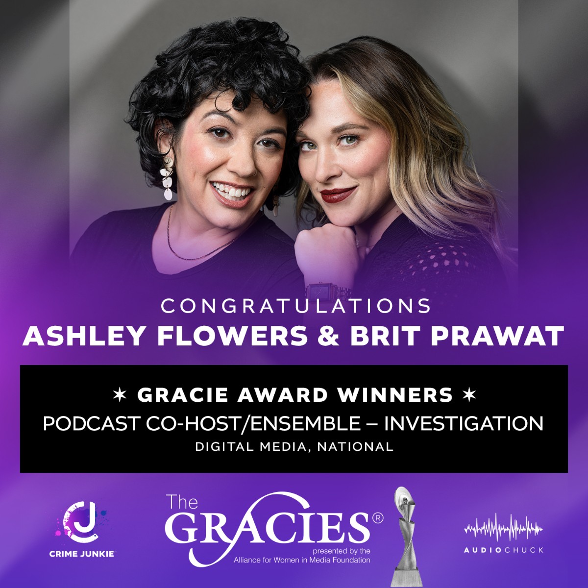 What an incredible honor to be included among so many inspiring women with this win! Thank you, as always, Crime Junkies for your support! And thank you @Allwomeninmedia 💜 Learn more about #TheGracies & this win: variety.com/2024/awards/ne… Spoiler: We're in great company 🤩