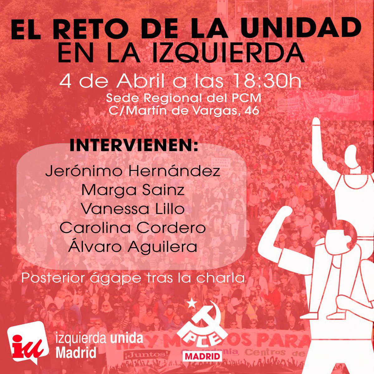 👉🏻 Mañana no te puedes perder la jornada de debate y reflexión “El reto de la Unidad de la izquierda” que hemos organizado junto al @elpcm De la mano de los compañeros @AlvaroAgFa @CarolCordero_N @VaneLillo @margarita_sainz abordaremos el futuro de la izquierda madrileña