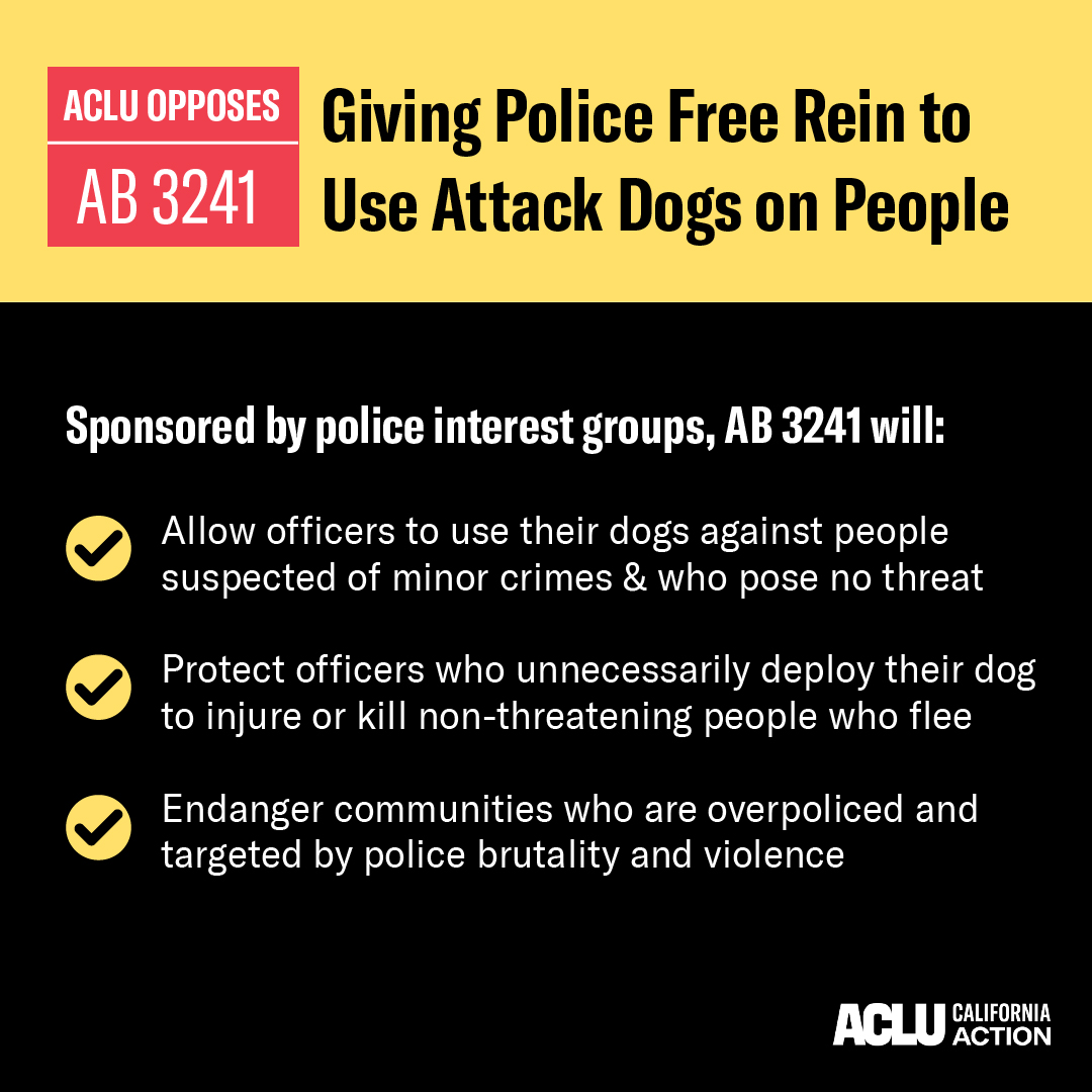 AB 3241 is crafted to help officers avoid courtroom liability, not to reduce harm or the potential of needless injury and death. It is past time for California legislators to reign in police attack dog violence and ensure real accountability: action.aclu.org/send-message/c…