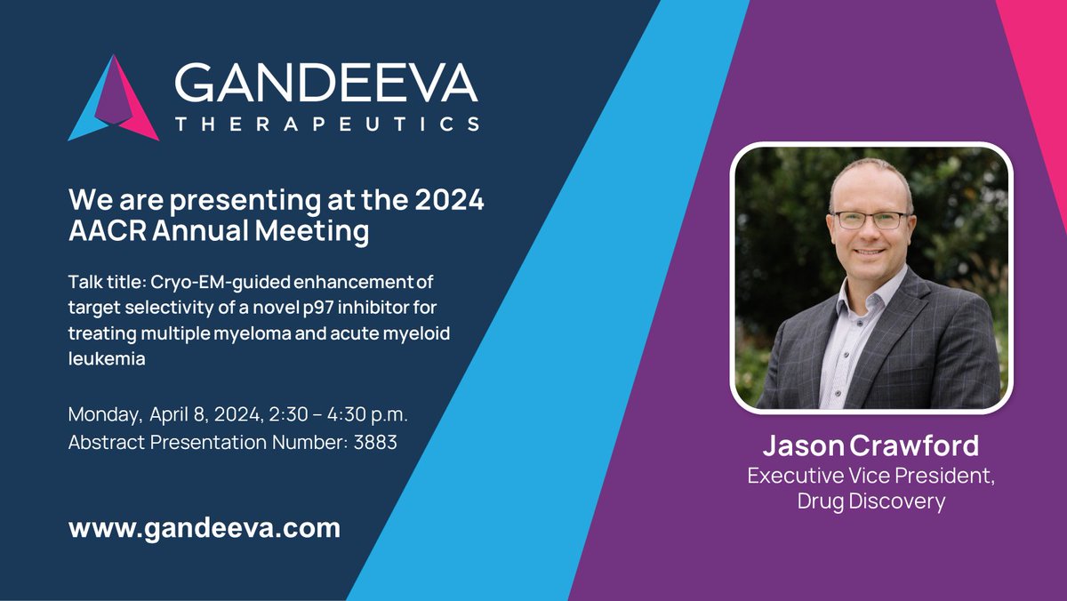 Jason Crawford will present at AACR in San Diego on Monday, April 8. Title: Cryo-EM-guided enhancement of target selectivity of a novel p97 inhibitor for treating multiple myeloma and acute myeloid leukemia (Abstract 3883). Learn more at ow.ly/kEPG50R73uh #AACR24