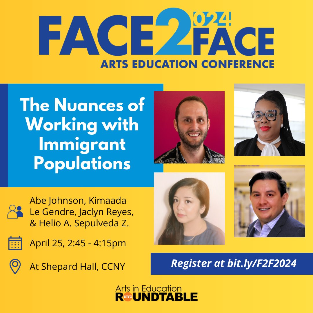 Dive into the joys and challenges of work with immigrant communities happening at arts organizations and in schools with this panel conversation! Learn more at bit.ly/F2F2024.