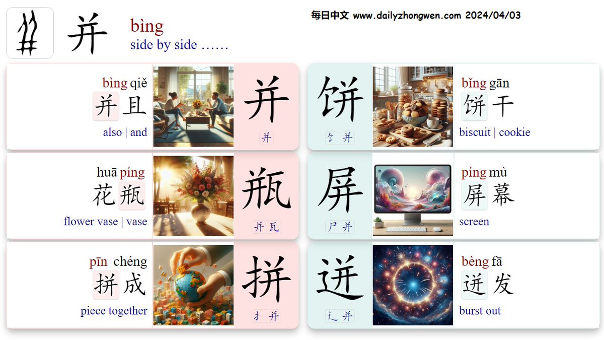 #learn_Chinese #学汉语 Phonetic Component-声旁：bìng 并 side by side 🅰️[并 bìng]-并且🛠️also 🅱️部首➕声旁🟰形声字 饣+~ [饼 bǐng]-饼干🍪biscuit | cookie ~+瓦 [瓶 píng]-花瓶 flower vase 尸+~ [屏 píng]-屏幕🖥️screen 扌+~ [拼 pīn]-拼成🧩piece together 辶+~ [迸 bèng]-迸发🎇burst out