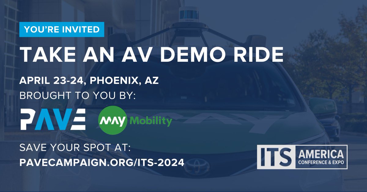 We're looking forward to partnering with PAVE member @May_Mobility this month to provide demo rides at the @ITS_America Conference & Expo! Will we see you there? Join us for a ride in one of May Mobility's autonomous vehicles: pavecampaign.org/its-2024 #ITSA2024 #Conference #Demo