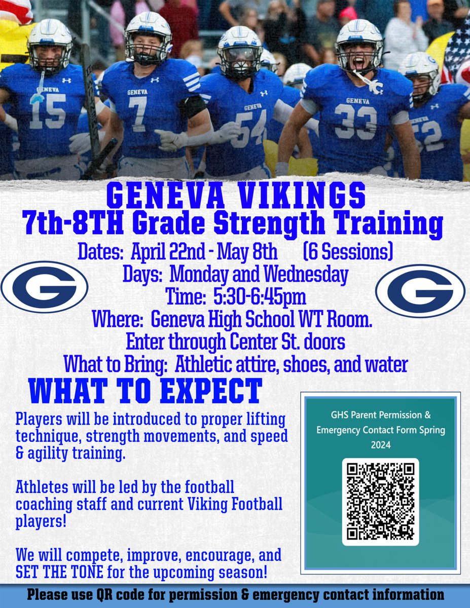 Mark your calendars! Future Vikings (7-8th graders) starting April 22nd we will be starting our middle school weight training program. The coaches and current players are excited to work with all our future Vikings!