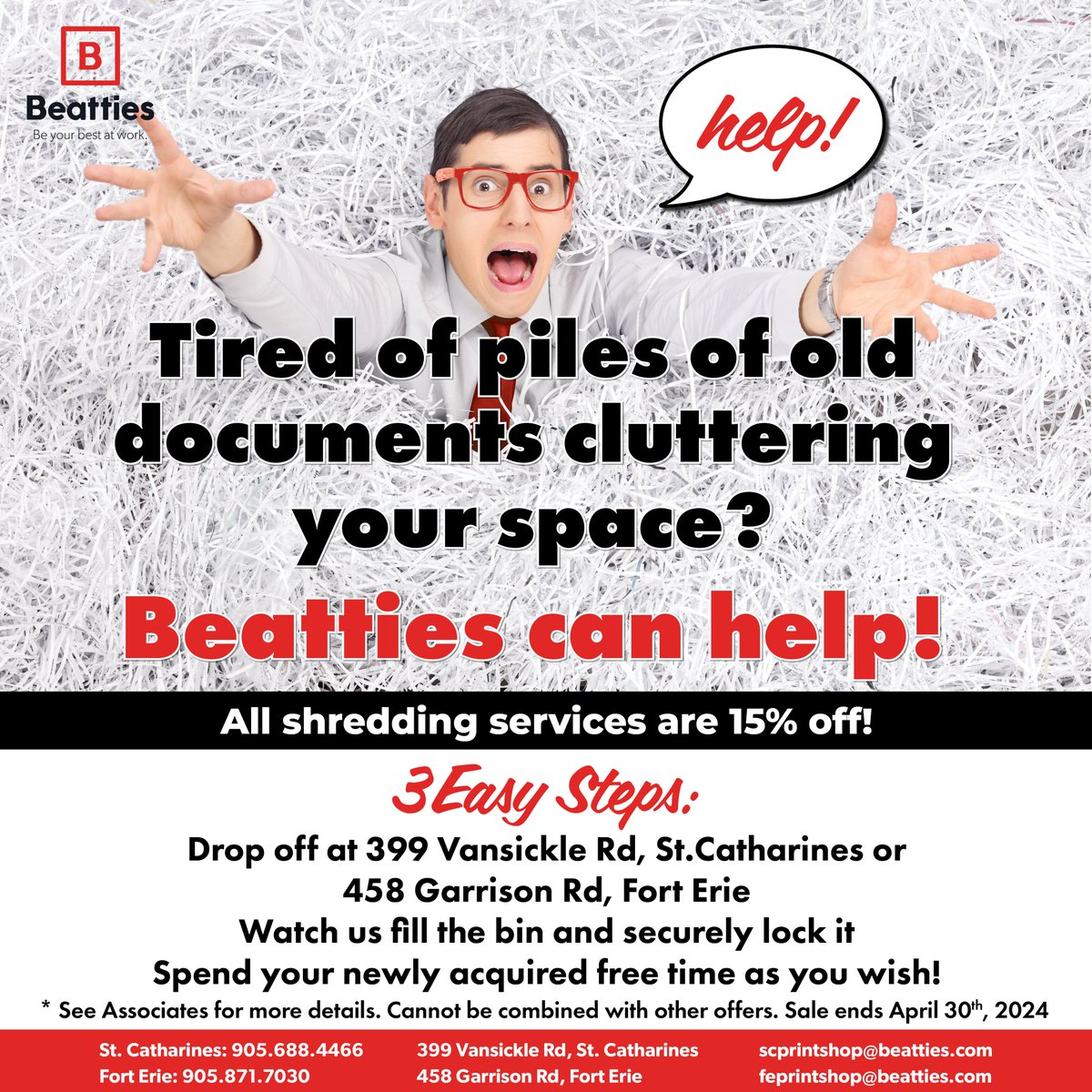 It's tax season! Make sure all your confidential documents are properly disposed of. Head over to Beatties and get your documents shredded and save 15%! Offer ends April 30th, 2024. #taxseason #shredding #Beatties
