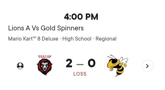 MK8 team Gold Spinners takes a loss to a very solid Searcy team. <a href="/ArkActAssn/">Arkansas Activities Association</a> <a href="/EsportsGear/">GearRivals</a> <a href="/EsportsRedskin/">Redskin Esports</a> <a href="/HendrixEsports/">Hendrix College Esports</a> <a href="/playvs/">PlayVS</a> <a href="/JBUEsports/">John Brown University Esports</a> <a href="/vbhsEsports/">VBHSeSports</a> <a href="/LogitechGesport/">Logitech G esports</a> <a href="/UACCM/">UACCM</a> <a href="/UAMesports/">UAM Esports</a> <a href="/AlabamaEsports/">UA Esports</a> <a href="/AStateEsports/">Arkansas State Esports</a> <a href="/NHS_esports_/">Grizzly Gamers</a> <a href="/wynneesports/">Wynne High eSports</a>