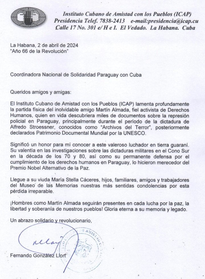 El Instituto Cubano de Amistad con los Pueblos (ICAP) lamenta profundamente la partida física del inolvidable amigo Martín Almada.

#AbrazandoLaAmistad