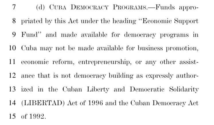 Thanks to the zealotry of one Florida congressman & the indifference of too many in Congress, #Cuba is now the only country on 🌎 where the mighty United States is forbidden from promoting capitalism as part of its “democracy building” programs. Let that imbecility simmer.