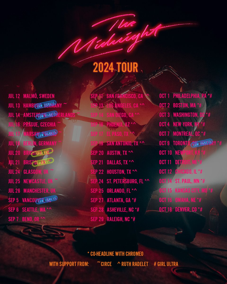 EUROPE & UK, we are a couple months out from tour and tickets are already running low in SEVERAL cities and going very fast. Get them while you can. After that, we’re back to North America 💜🎷 themidnightofficial.com