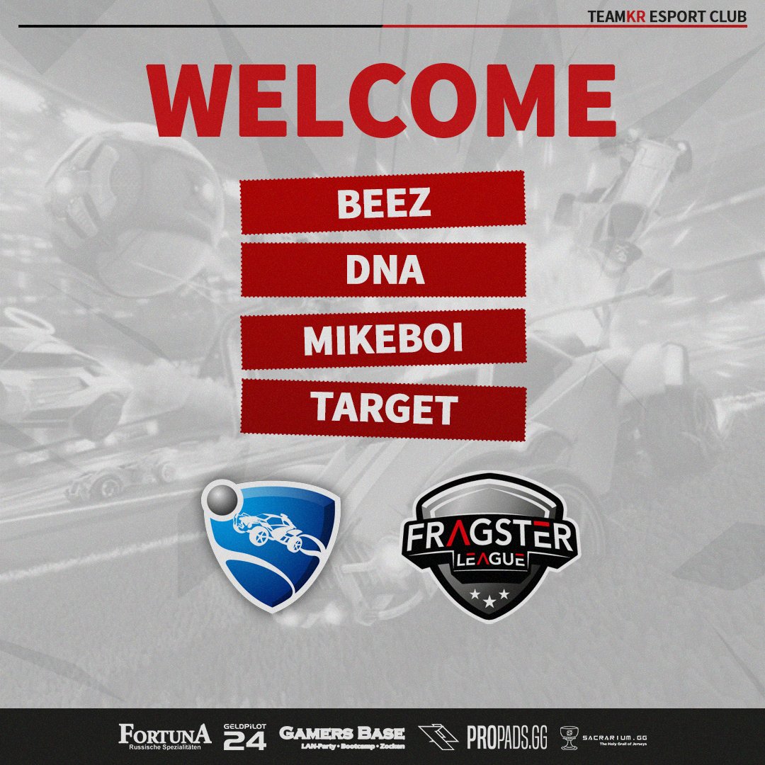 teamKR goes Rocket League! 

Zum ersten Mal in der Vereinsgeschichte sind wir in Rocket League vertreten. Wir freuen uns tierisch auf die Saison mit den Jungs! 

Unsere Fahrer
- Beez
- dNa
- MikeB0i
- TarGeT