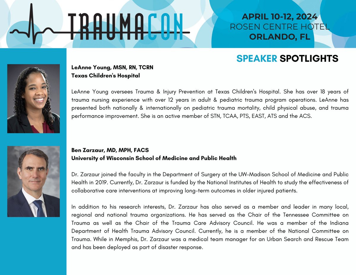 Register for #TraumaCon2024 to hear the following speakers: LeAnne Young Ben Zarzaur Register at: traumanurses.site-ym.com/event/traumaco…