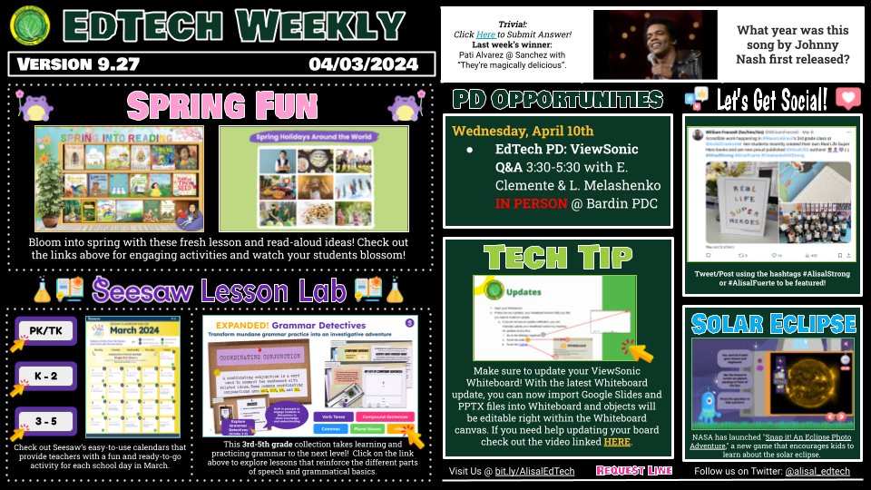 Happy April @AlisalUSD! In this week's EdTech Weekly you will find the following resources to explore: Spring Fun 🐣, Seesaw Lesson Lab 👩🏻‍🏫, ViewSonic Tech Tip 🖥️, Solar Eclipse Resource ☀️🕶️, PD Opportunity 💻 and more 🎶! #AlisalStrong #AlisalFuerte bit.ly/AlisalWeekly