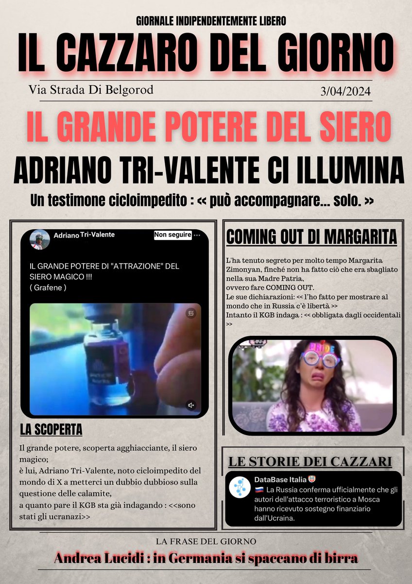 ilcazdelgiorno's tweet image. Nuova uscita del #ilcazzarodelgiorno 

IL GRANDE POTERE DEL SIERO💉
COMING OUT DI MARGARITA🦄
IL TESTIMONE 🤷🏻
LE SCOPERTE AGGHIACCIANTI 🥶
LE STORIE E LE FRASI DEL GIORNO 🚬

#3aprile #Russia #Ukraine️ #covid #vaccino 

Saluti a @AndreaOpachi e @KriZZtian_KGB