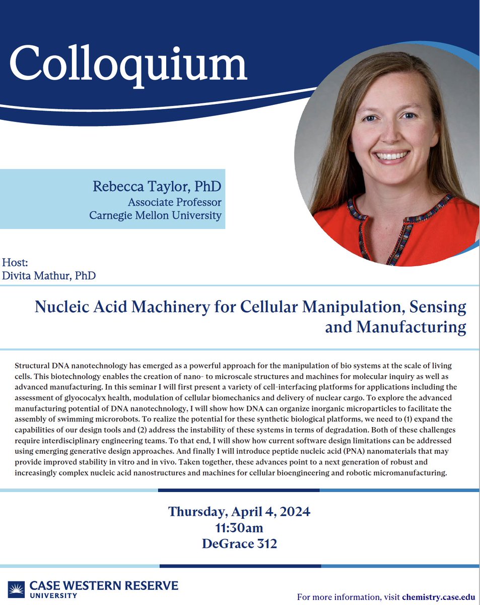 Dr. Rebecca Taylor from @CarnegieMellon will be visiting the Chemistry Department to give her Colloquium Lecture on Thursday, April 4 at 11:30 am in DeGrace 312.