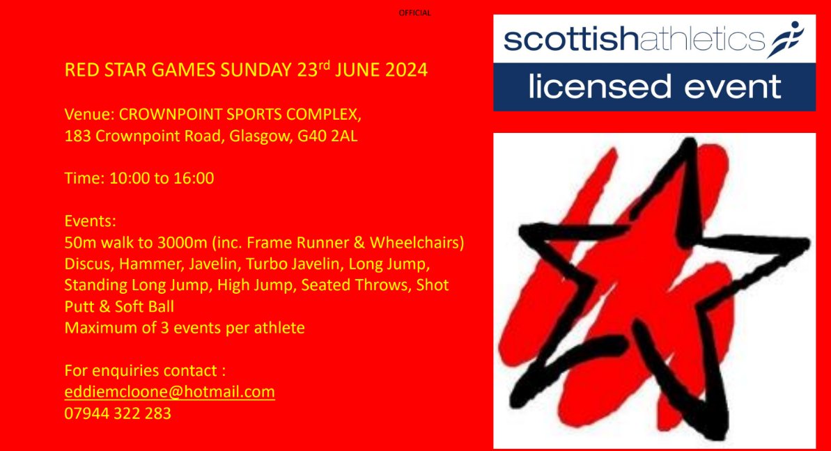 The Red Star Games are back🎉 Track and field events will be held and you can register for up to 3 events. When? 📅 23rd June Sign up before 26th April by emailing: eddiemcloone@hotmail.com📧 Don't miss out💪 @RedStarAC @scotathletics @sportscotland #InspiringThroughInclusion